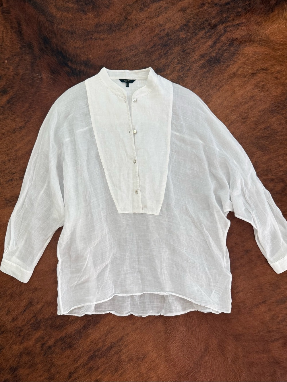 Massimo Dutti White Linen Mandarin-Collar Button-Front Shirt
